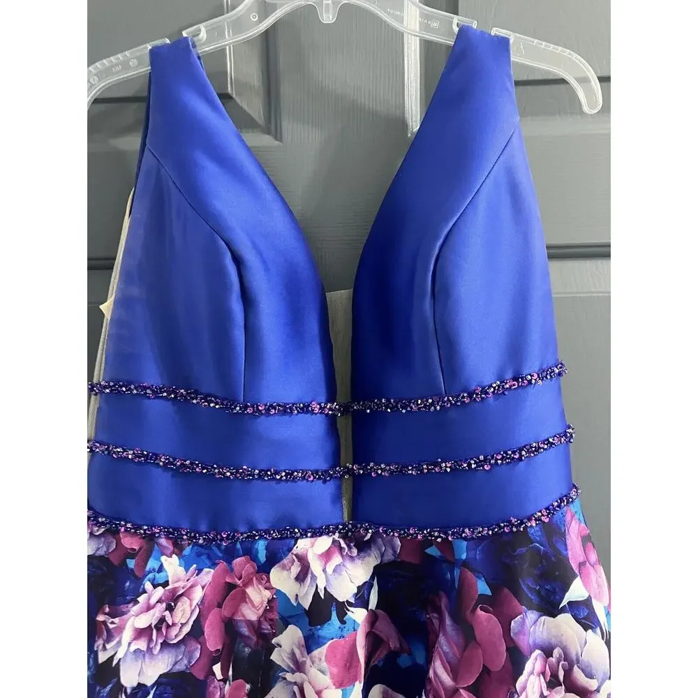 Ellie Wilde Mon Cheri EW118006 Blue V-neck A-line Floral Gown Prom 16/18* Read